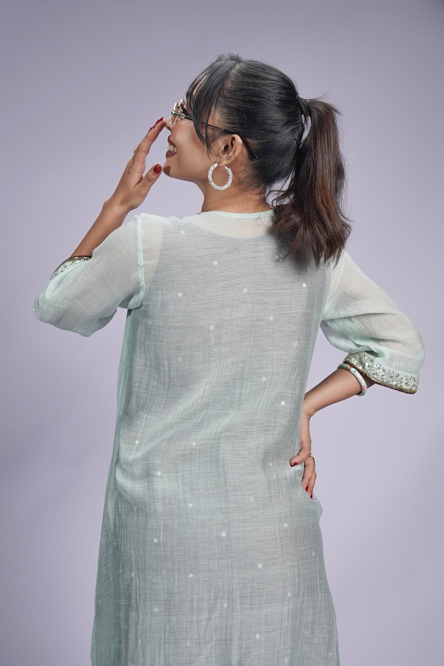 Misty Sage Hand - Embroidered Pure Chanderi Silk Gathered Dress