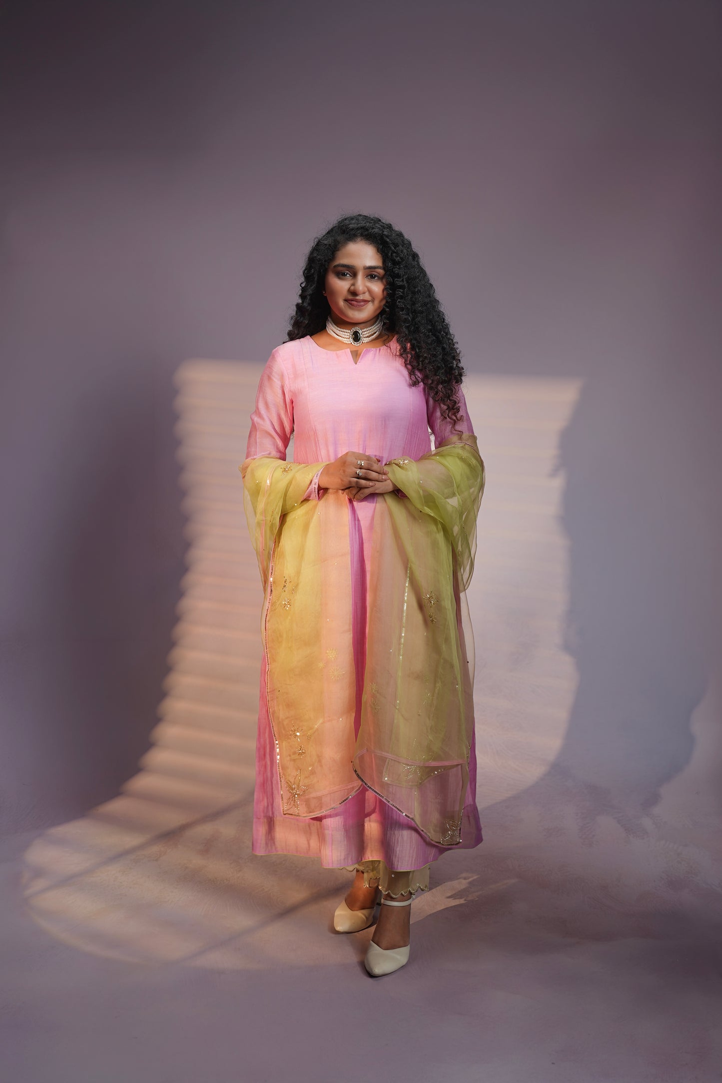 Pink & Lemon Green Hand-Embroidered Kurta Set