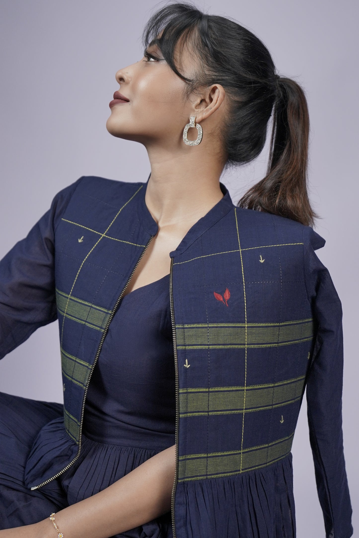 Navy Blue Hand Embroidered Dress With Jacket
