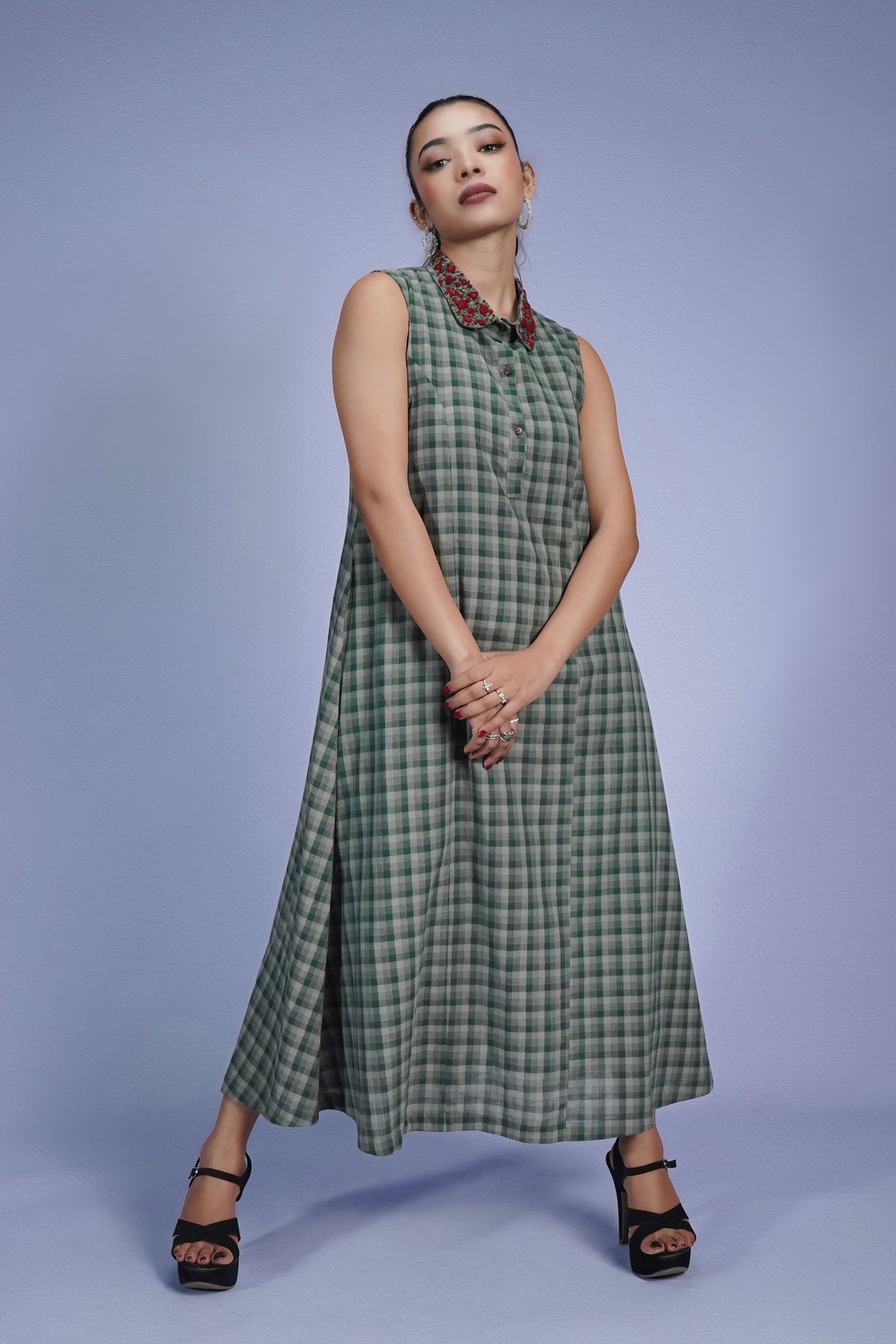 Green Cotton Embroidered Maxi Dress with pocket