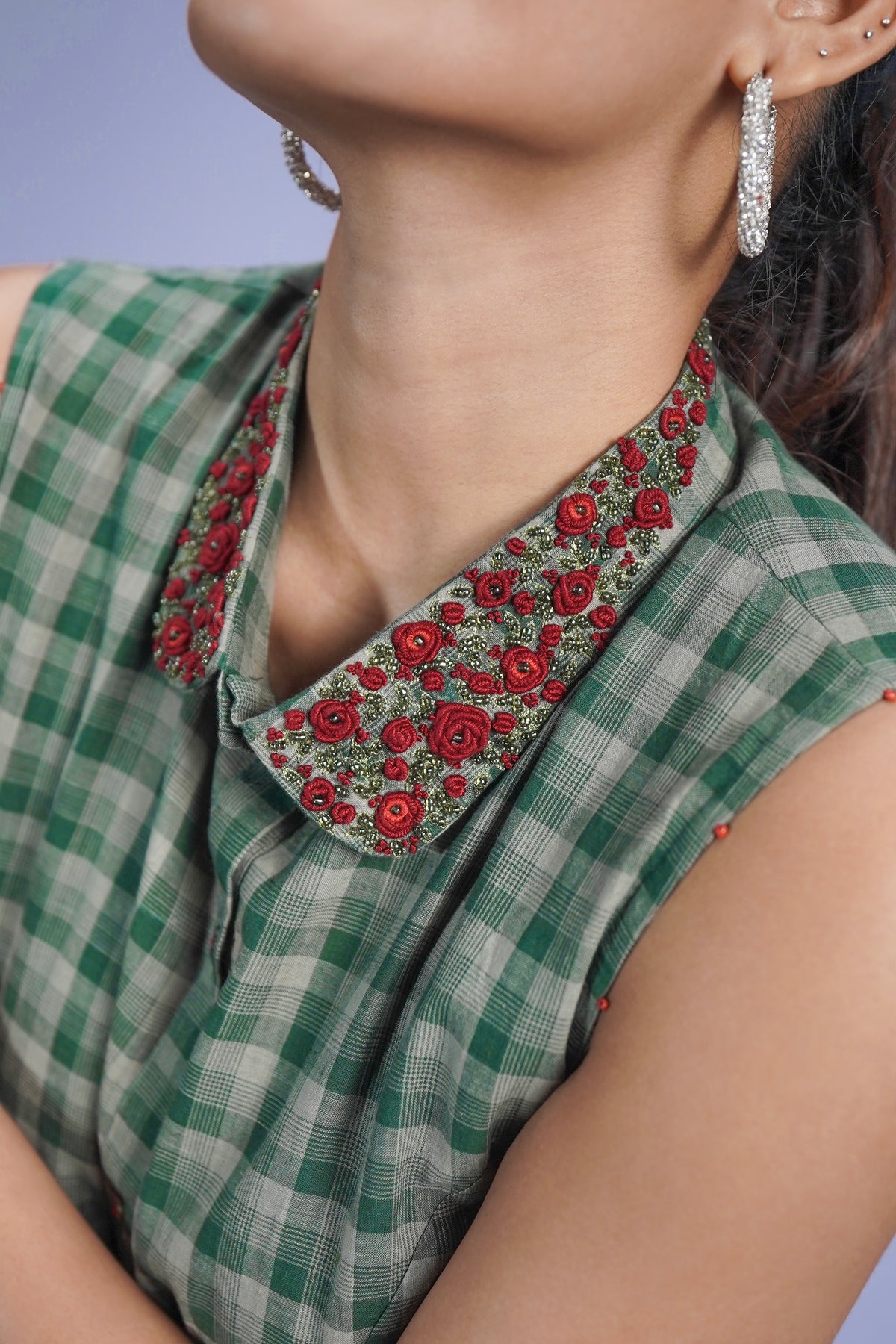 Green Cotton Embroidered Maxi Dress with pocket