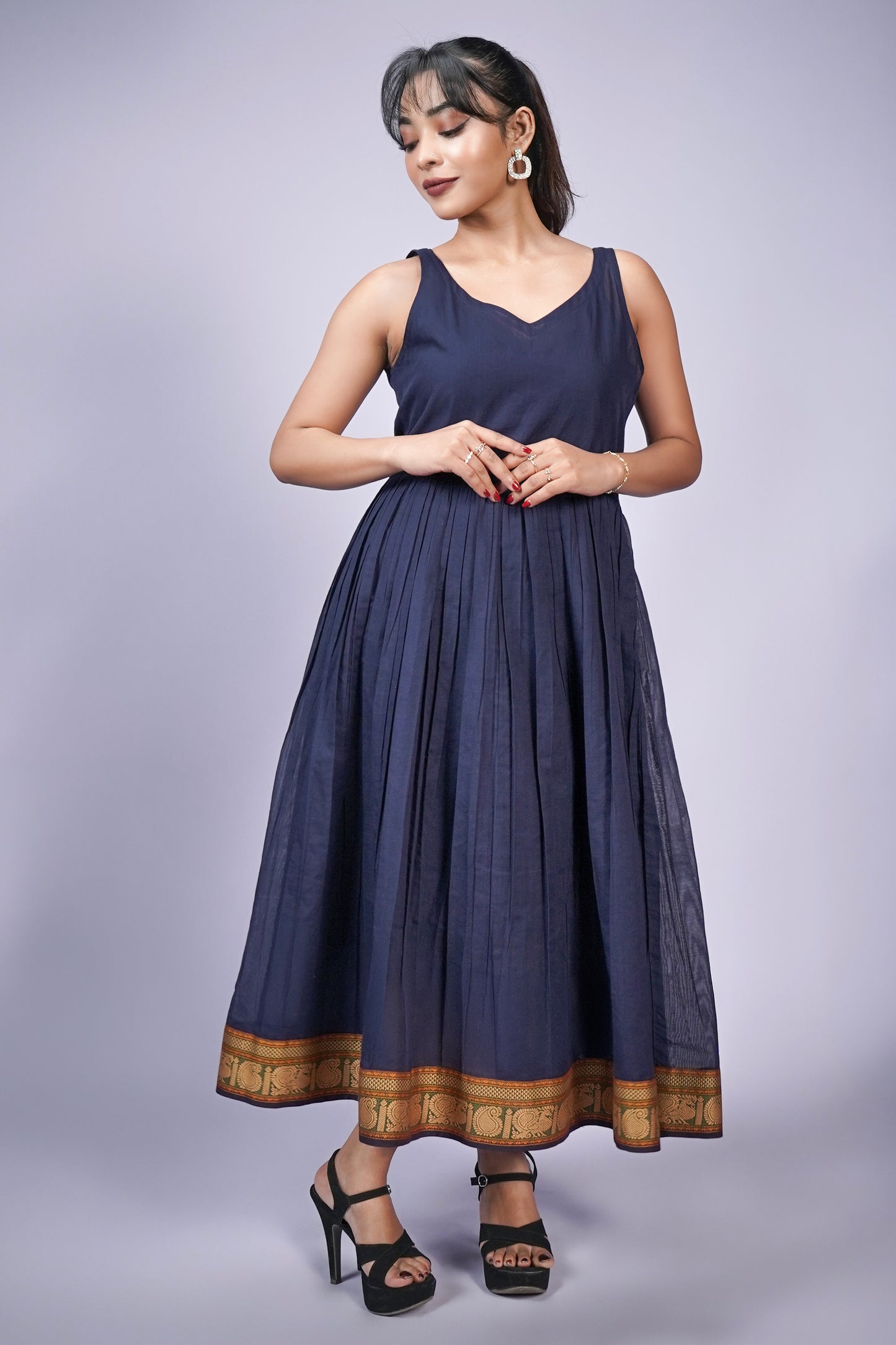 Navy Blue Hand Embroidered Dress With Jacket