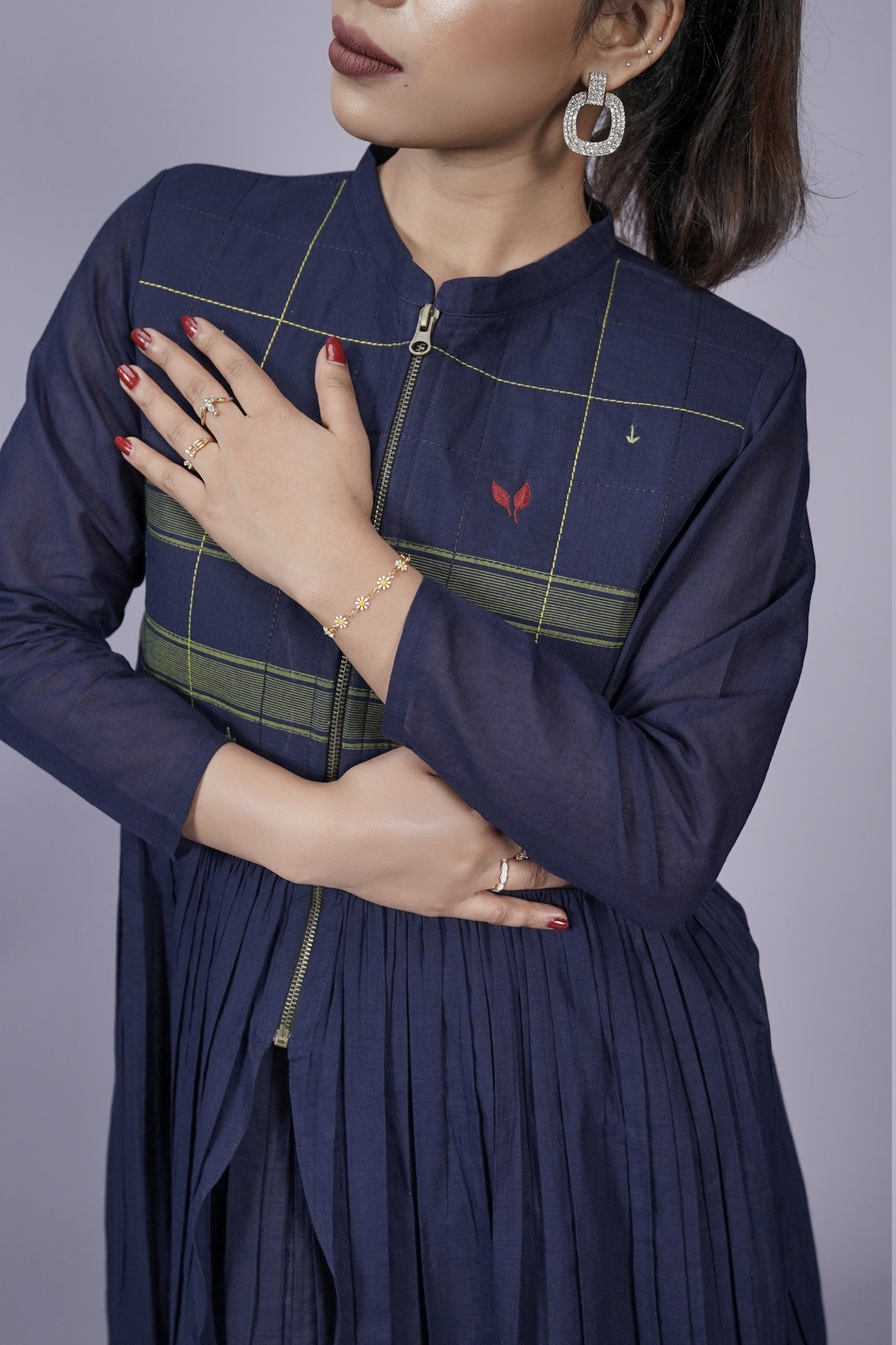 Navy Blue Hand Embroidered Dress With Jacket