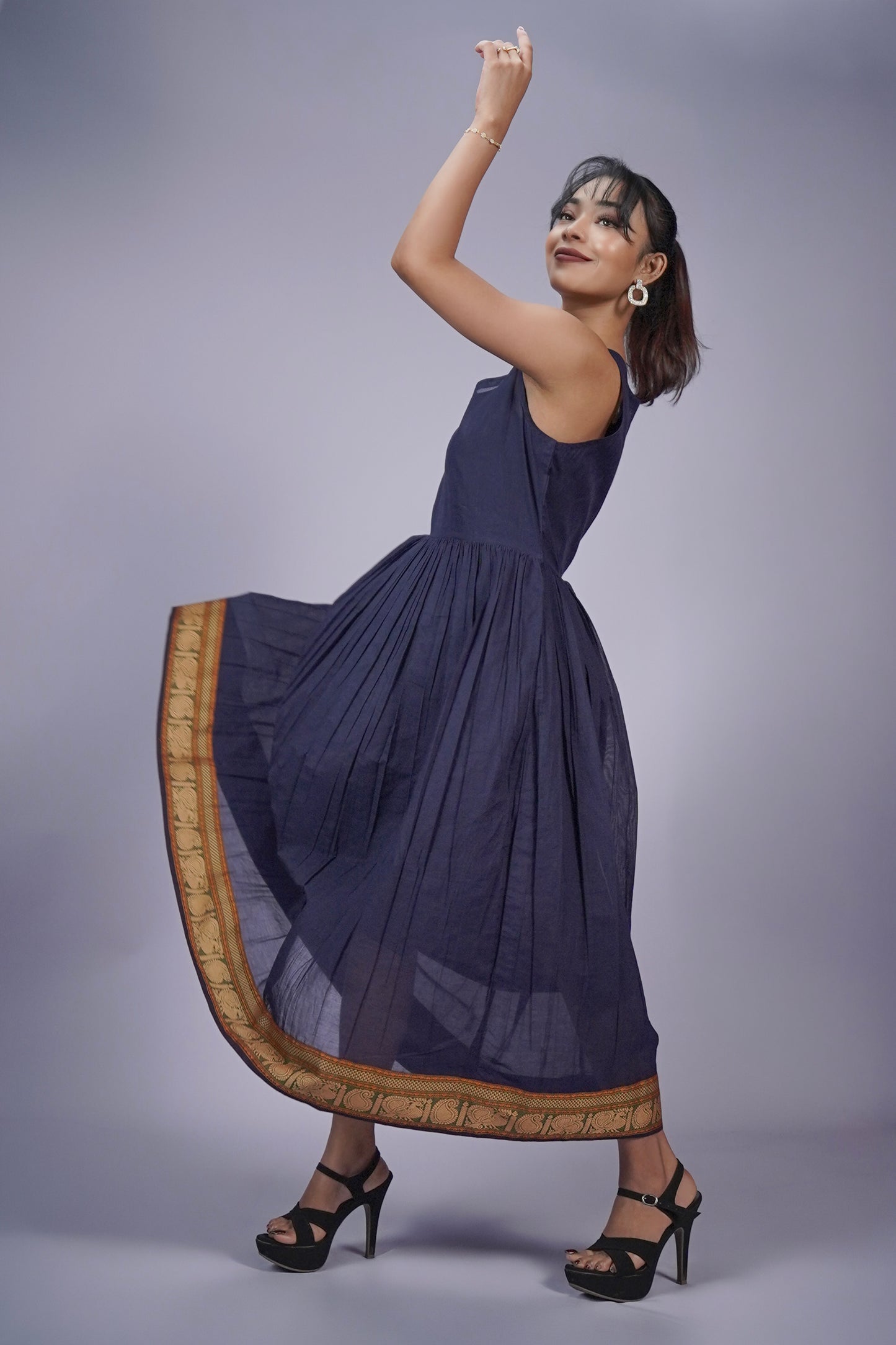 Navy Blue Hand Embroidered Dress With Jacket