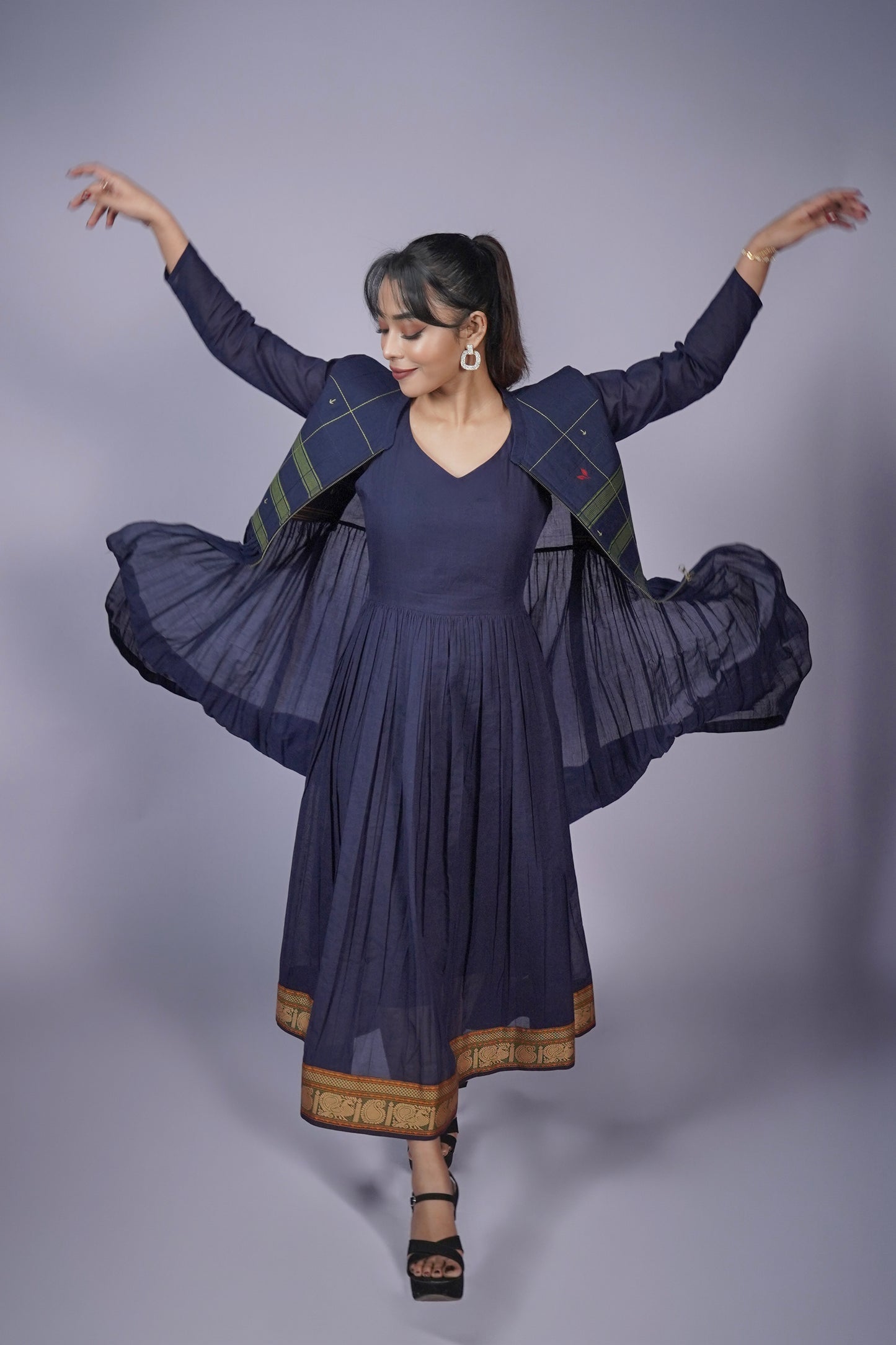 Navy Blue Hand Embroidered Dress With Jacket