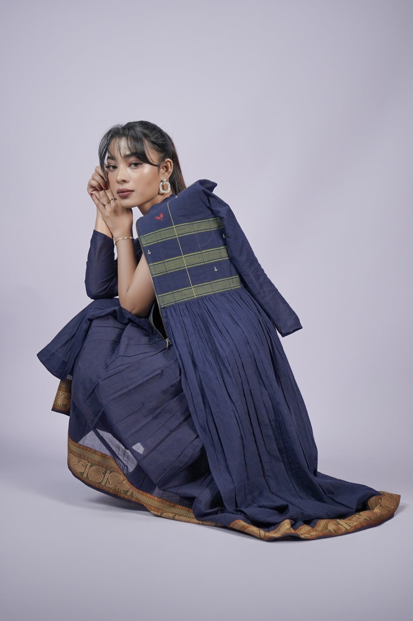 Navy Blue Hand Embroidered Dress With Jacket