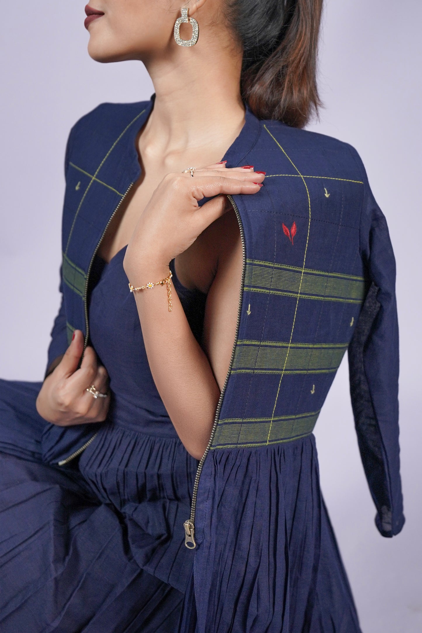 Navy Blue Hand Embroidered Dress With Jacket