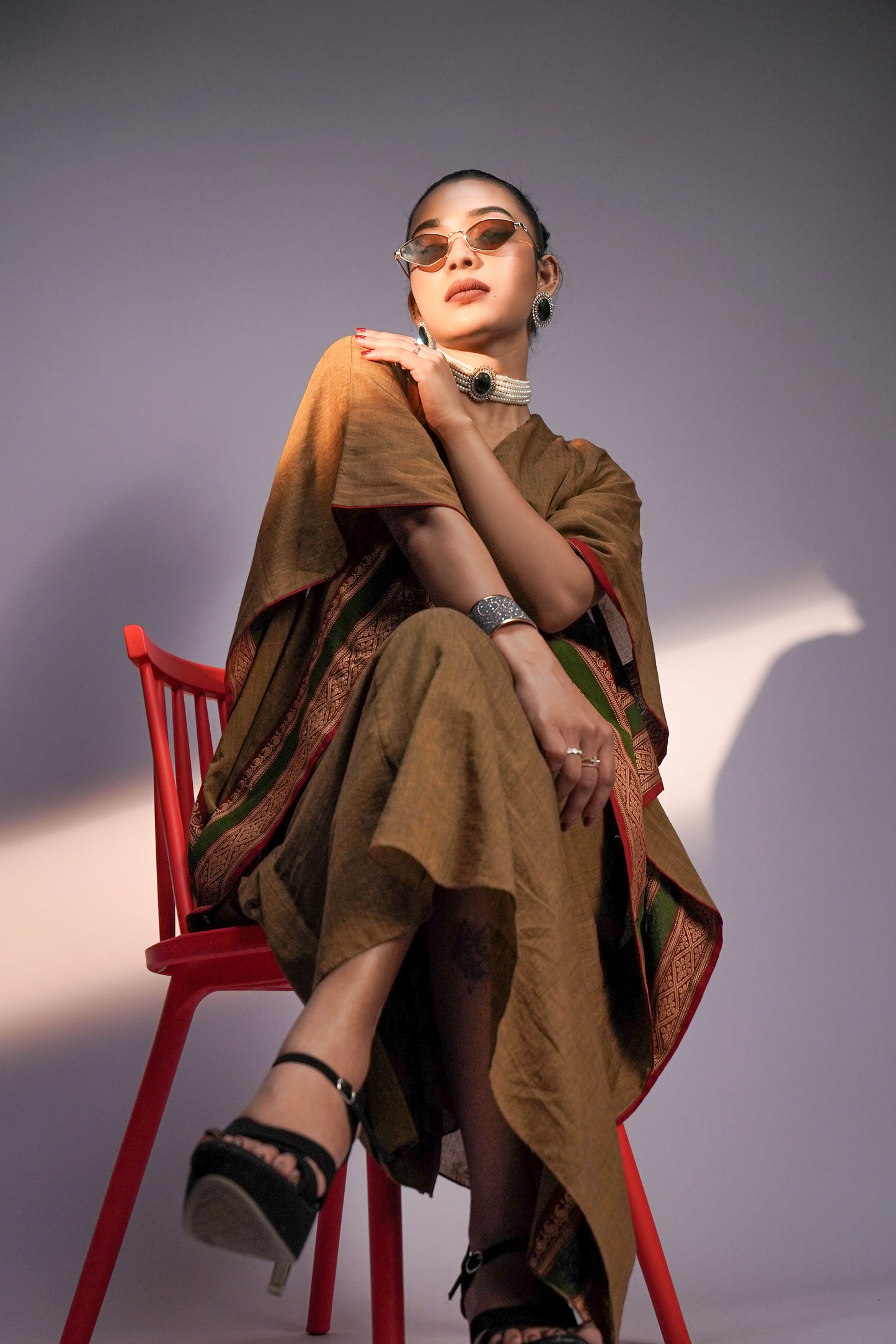 Brown Soft Woven Cotton Hand - Embroidered Kaftan