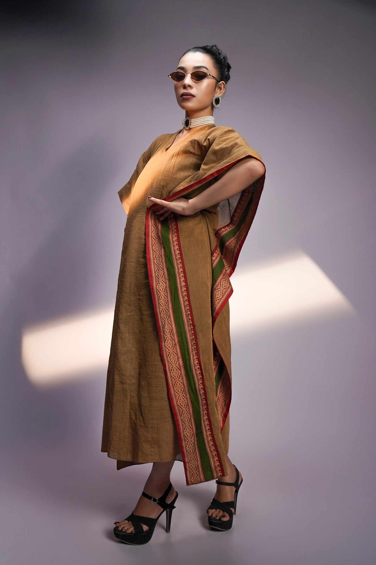 Brown Soft Woven Cotton Hand - Embroidered Kaftan