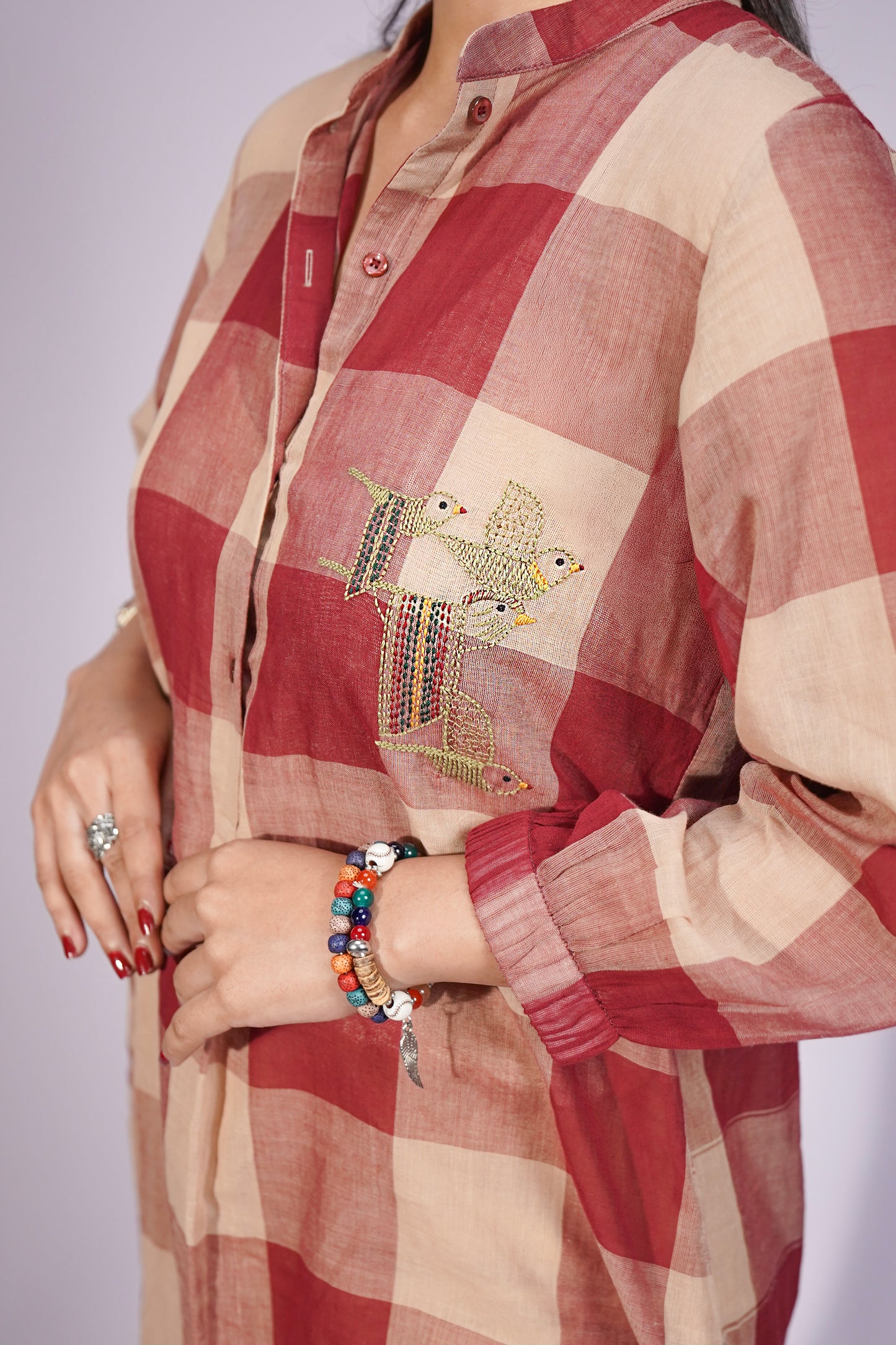 Madras Check Hand Embroidered Cotton Kurta