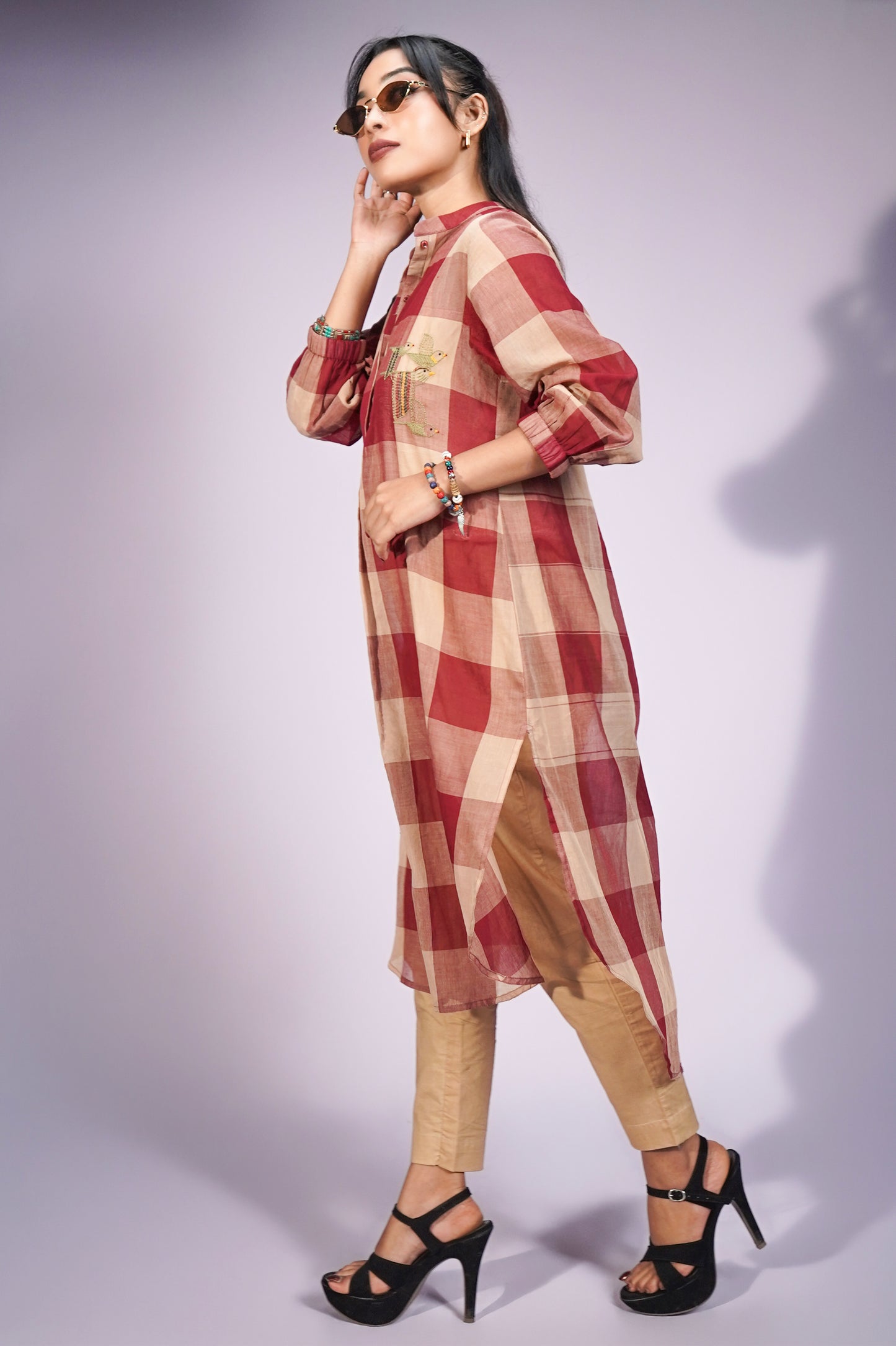 Madras Check Hand Embroidered Cotton Kurta