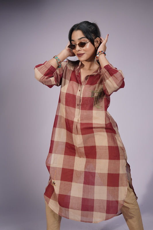 Madras Check Hand Embroidered Cotton Kurta