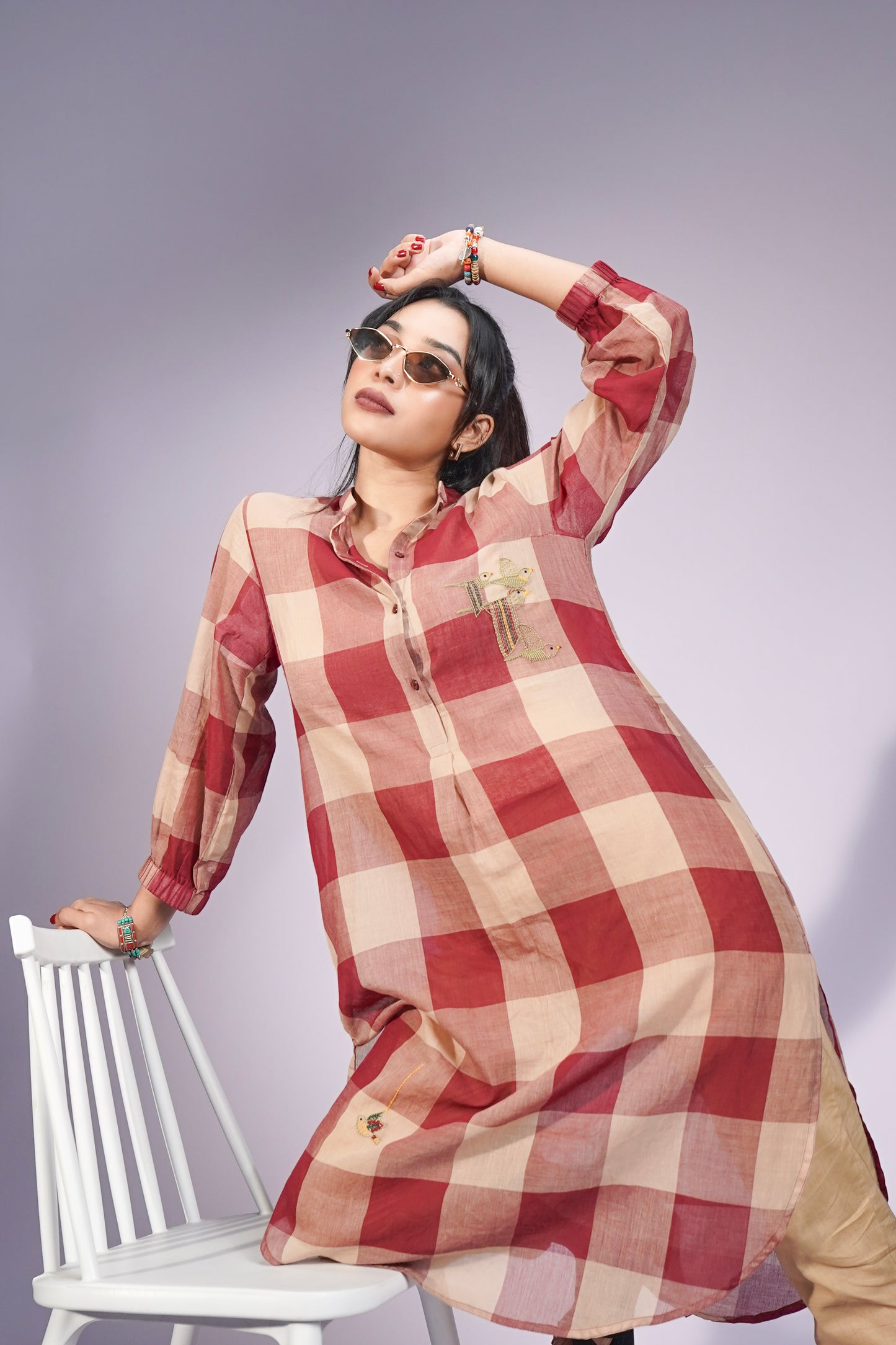 Madras Check Hand Embroidered Cotton Kurta