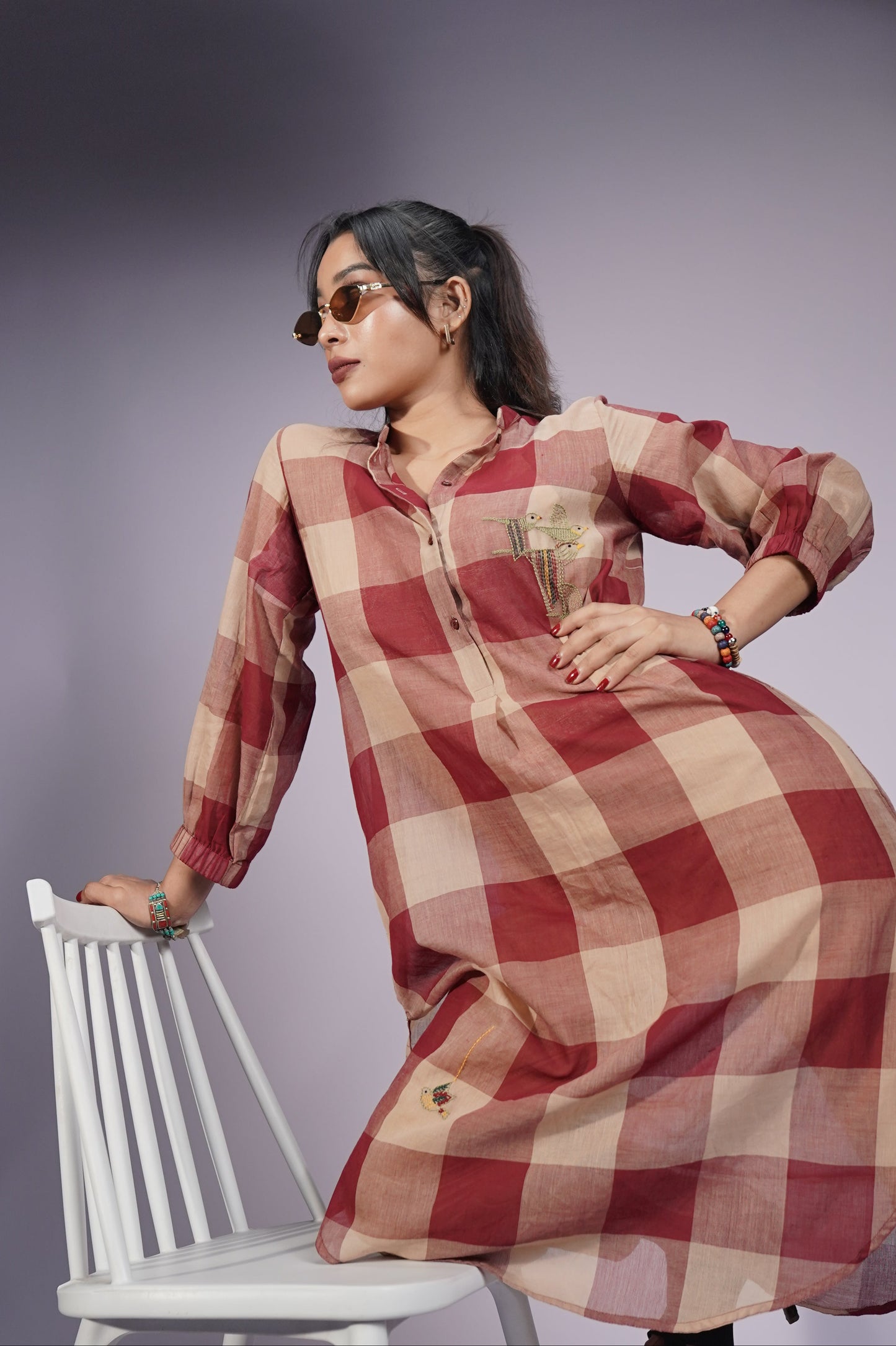 Madras Check Hand Embroidered Cotton Kurta