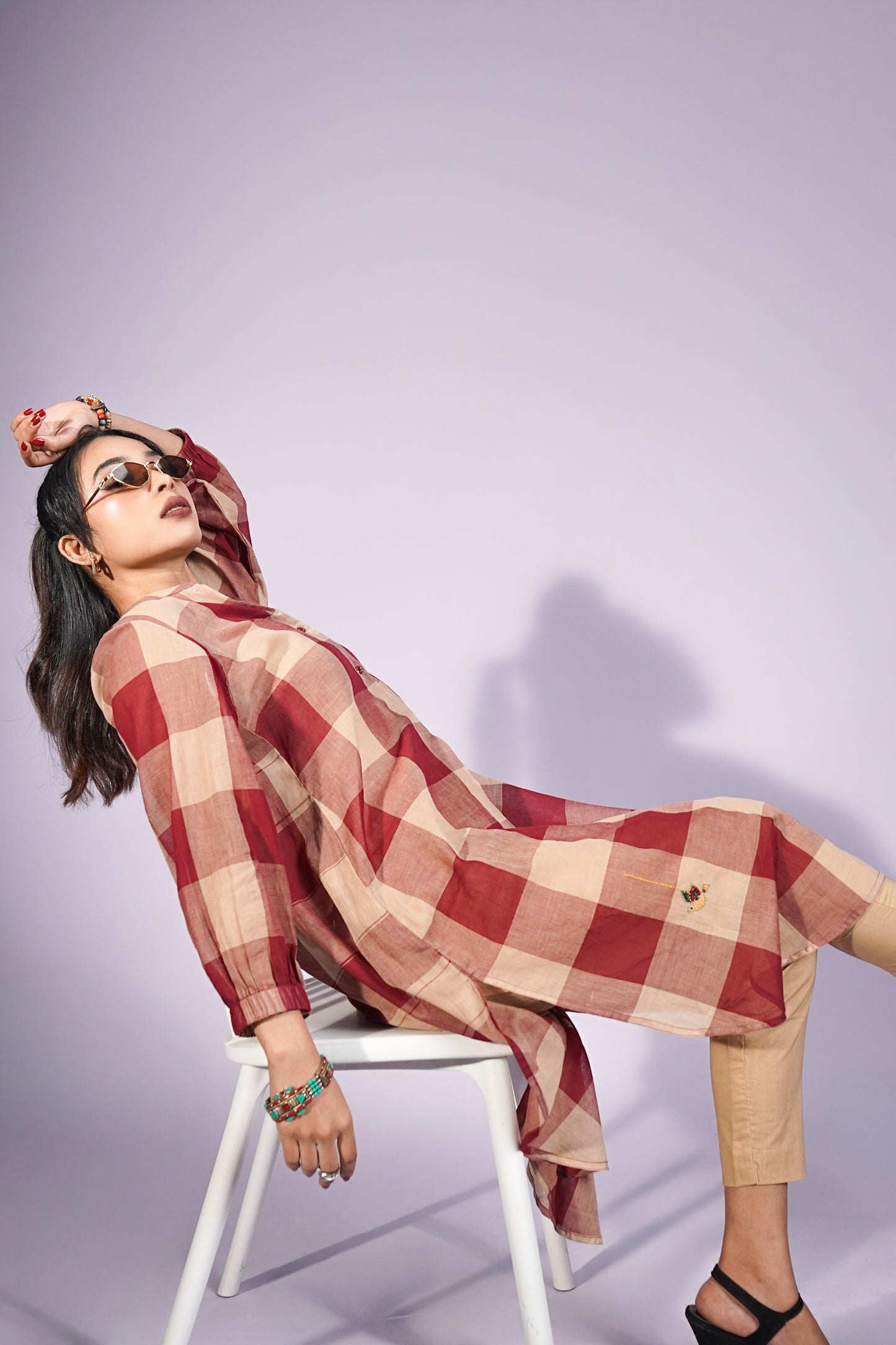 Madras Check Hand Embroidered Cotton Kurta
