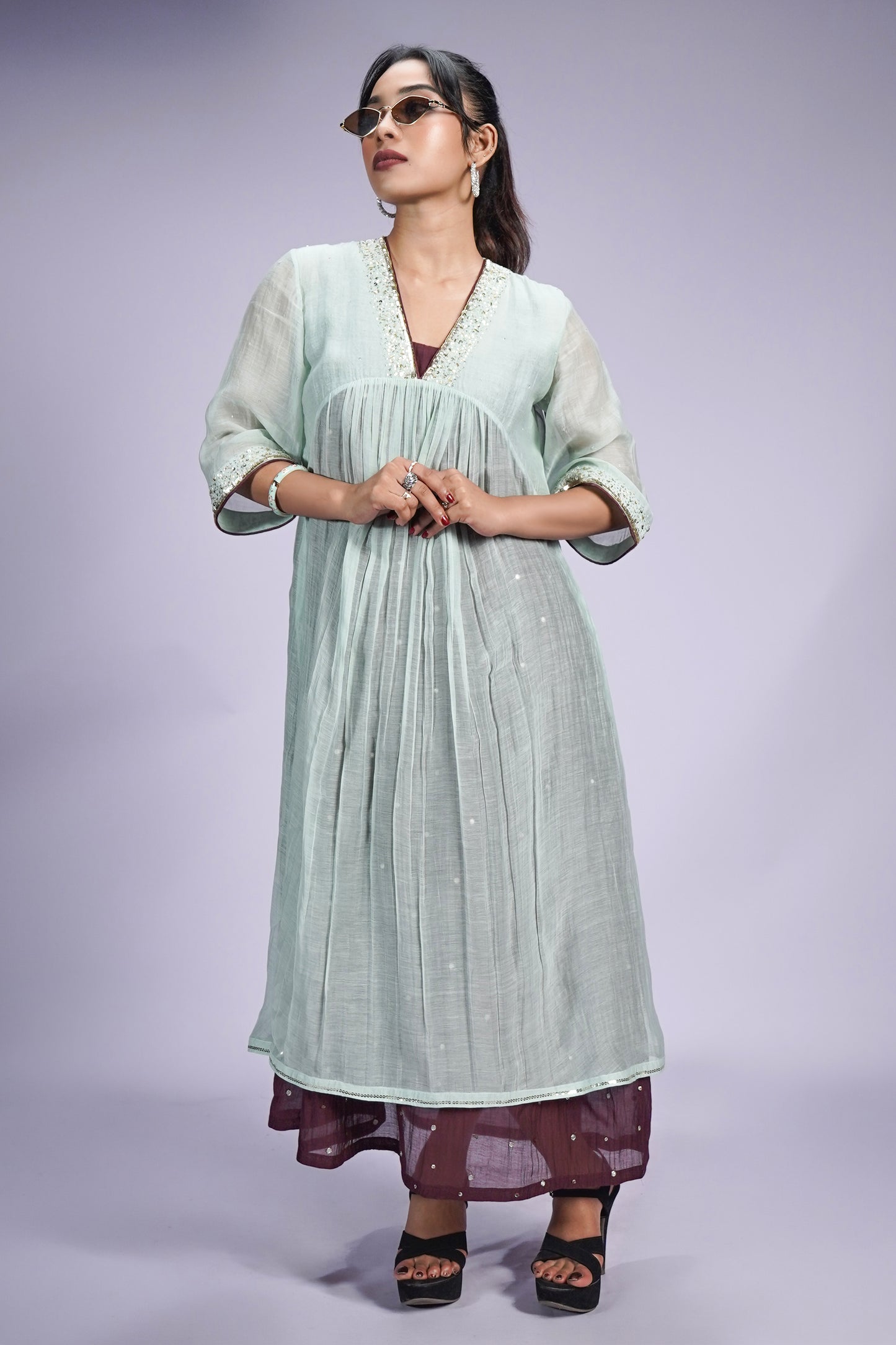 Misty Sage Hand - Embroidered Pure Chanderi Silk Gathered Dress