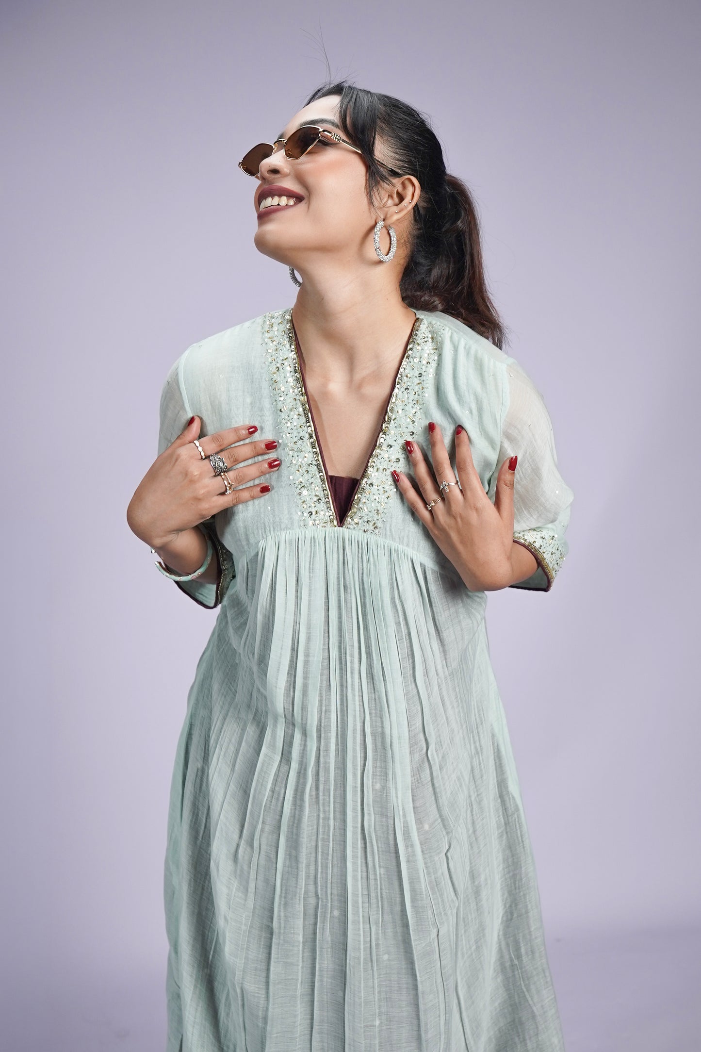 Misty Sage Hand - Embroidered Pure Chanderi Silk Gathered Dress