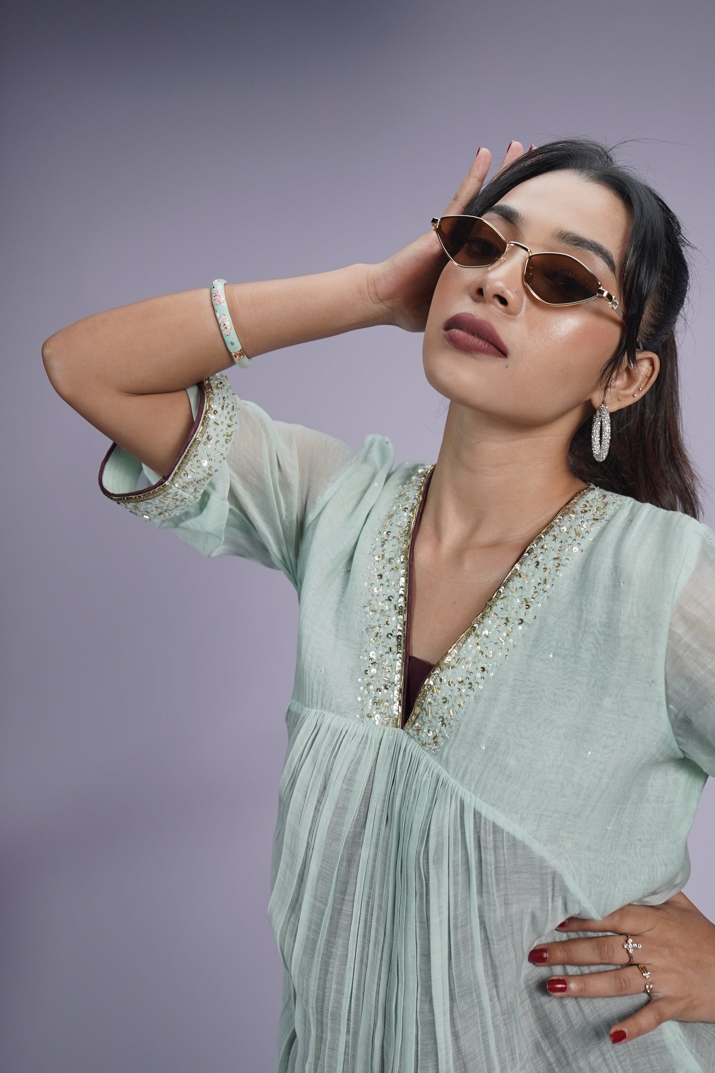 Misty Sage Hand - Embroidered Pure Chanderi Silk Gathered Dress