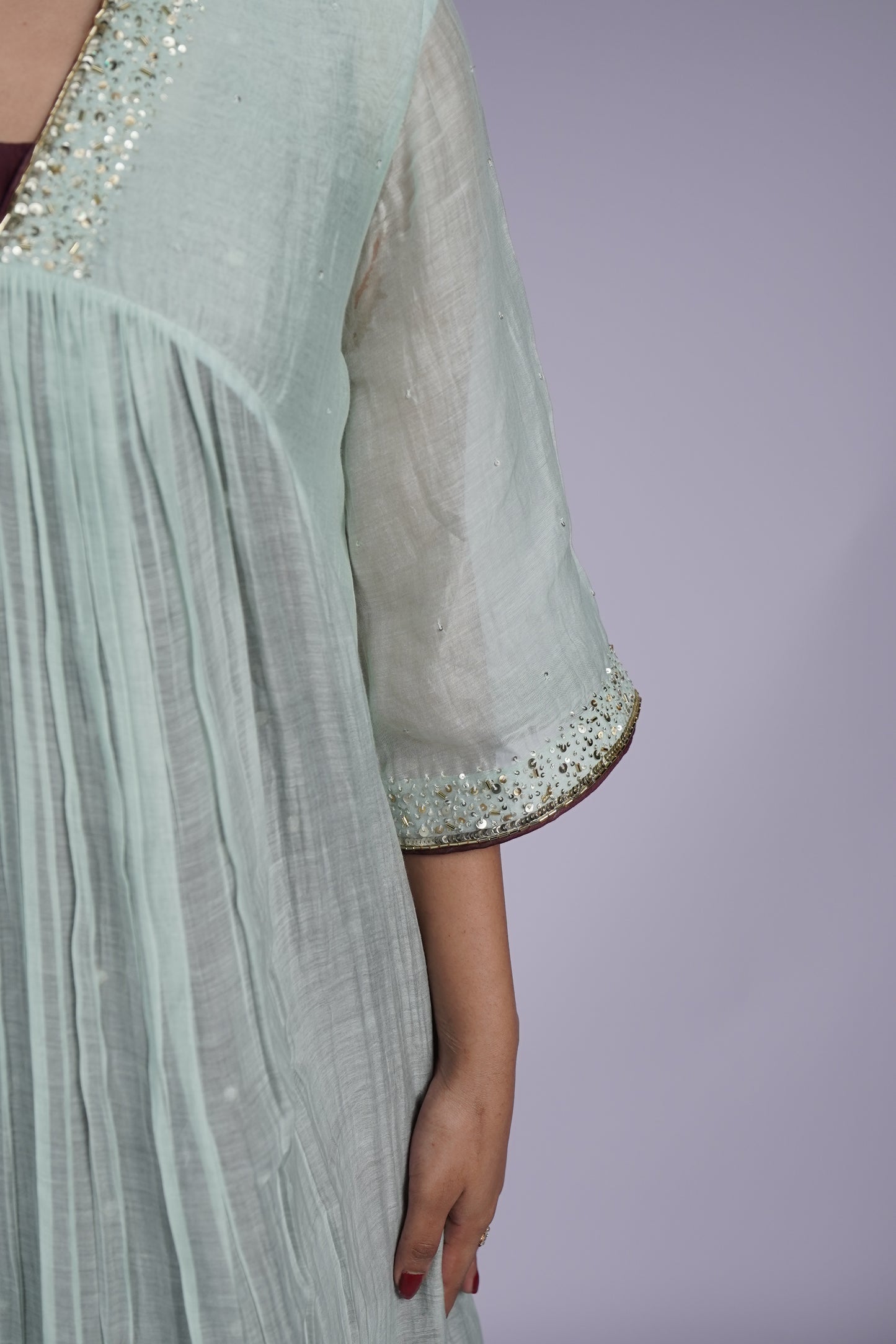 Misty Sage Hand - Embroidered Pure Chanderi Silk Gathered Dress