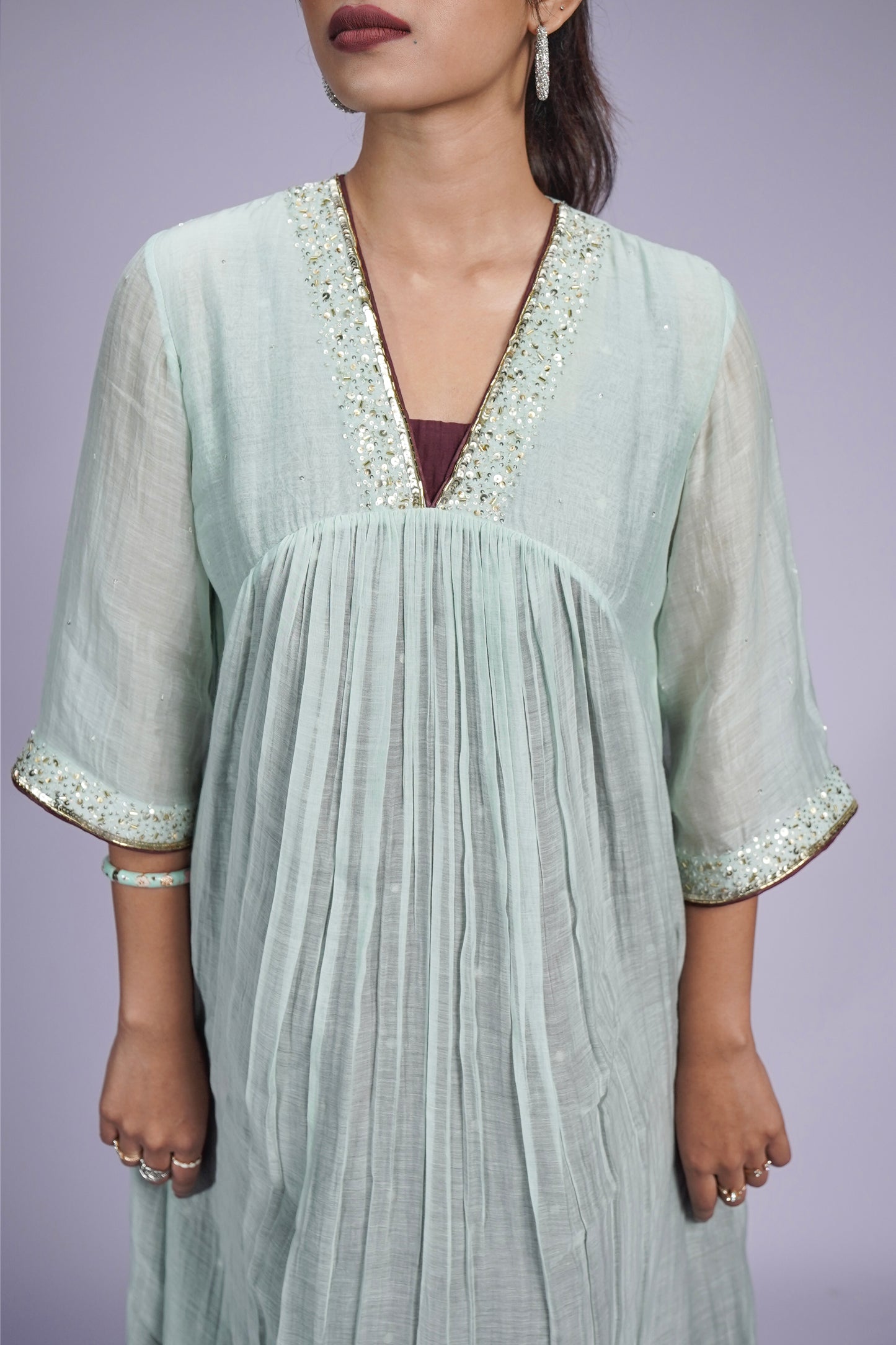 Misty Sage Hand - Embroidered Pure Chanderi Silk Gathered Dress