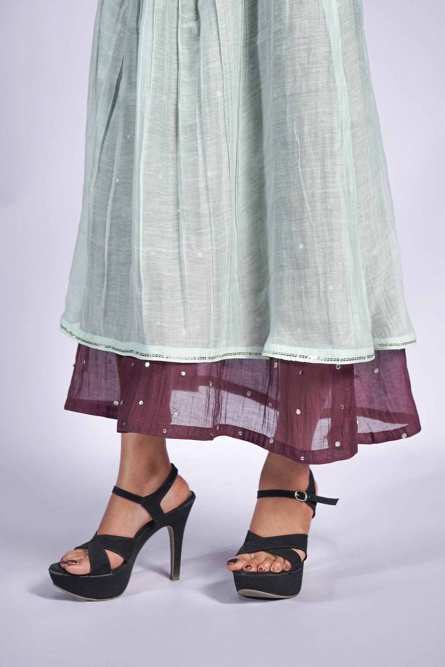 Misty Sage Hand - Embroidered Pure Chanderi Silk Gathered Dress
