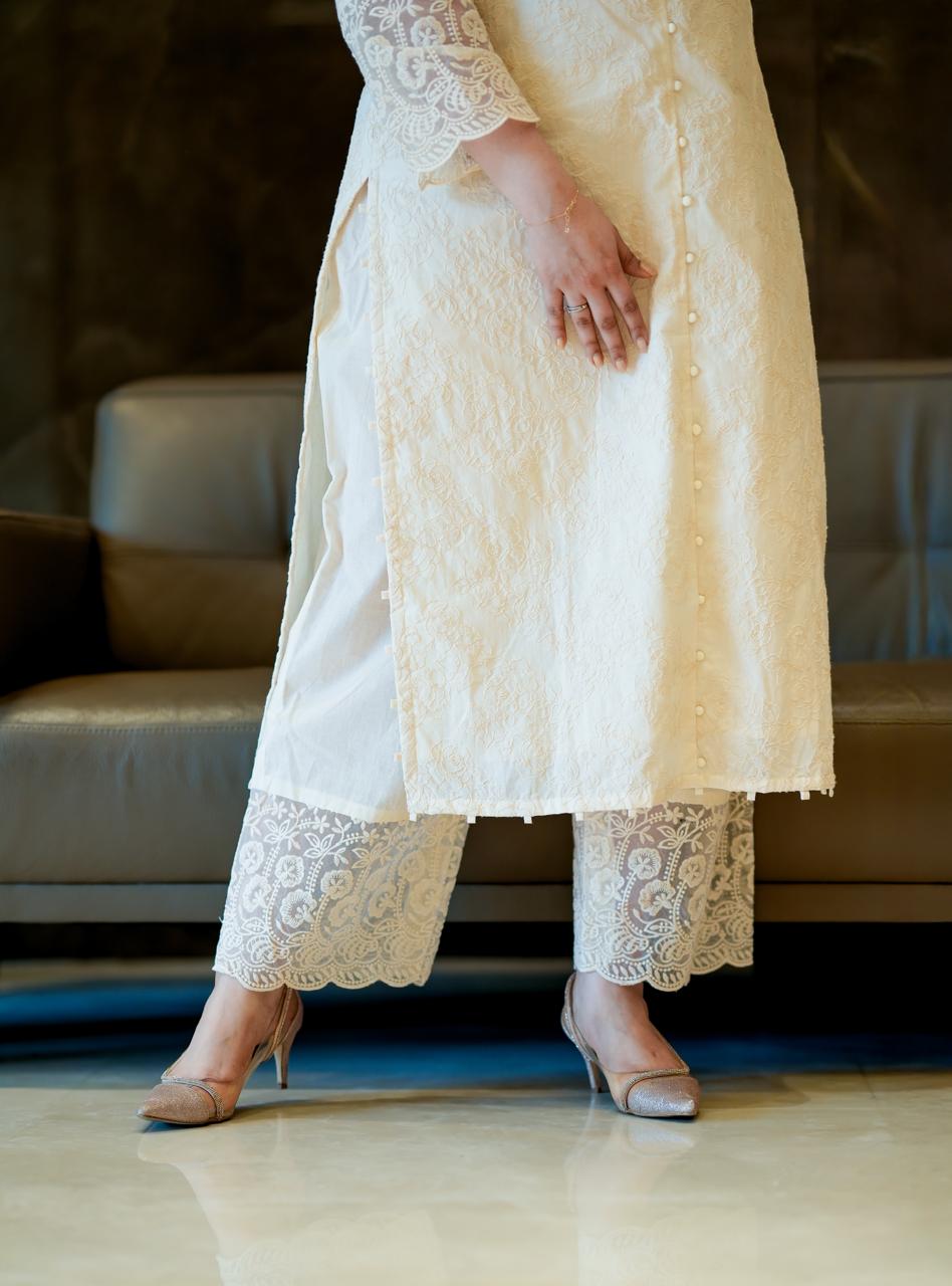 Pearl White Embroidered Cotton Kurta Set