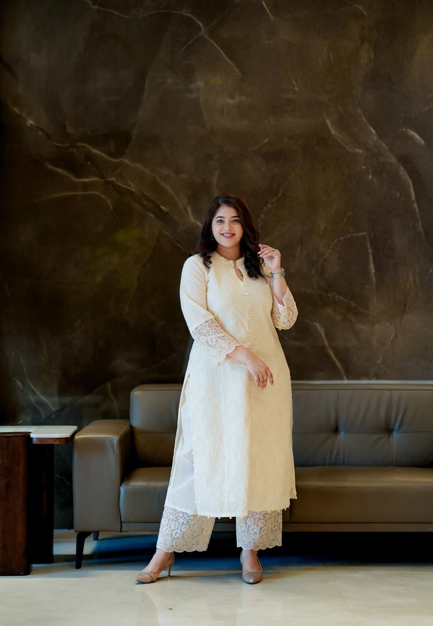Pearl White Embroidered Cotton Kurta Set