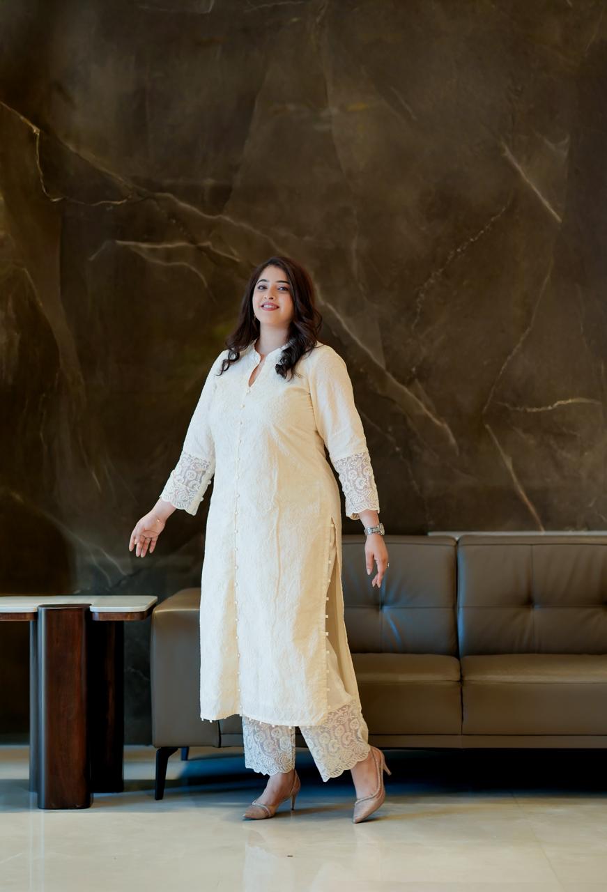 Pearl White Embroidered Cotton Kurta Set