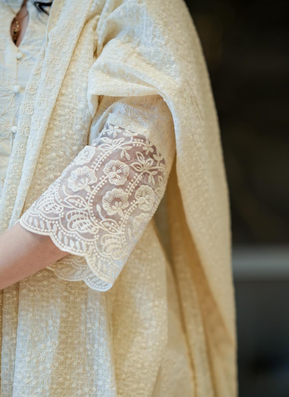 Pearl White Embroidered Cotton Kurta Set