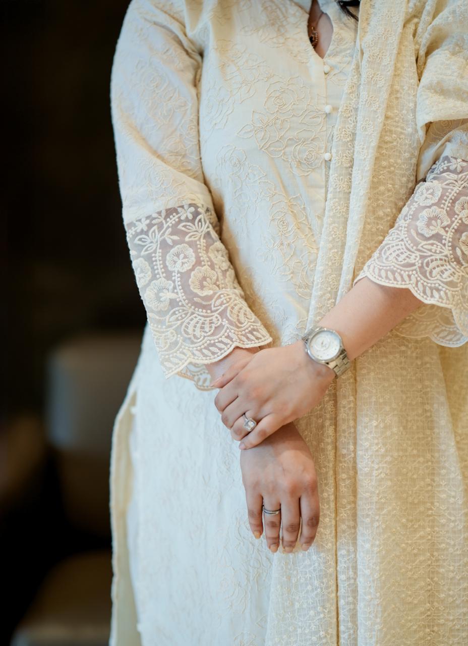 Pearl White Embroidered Cotton Kurta Set