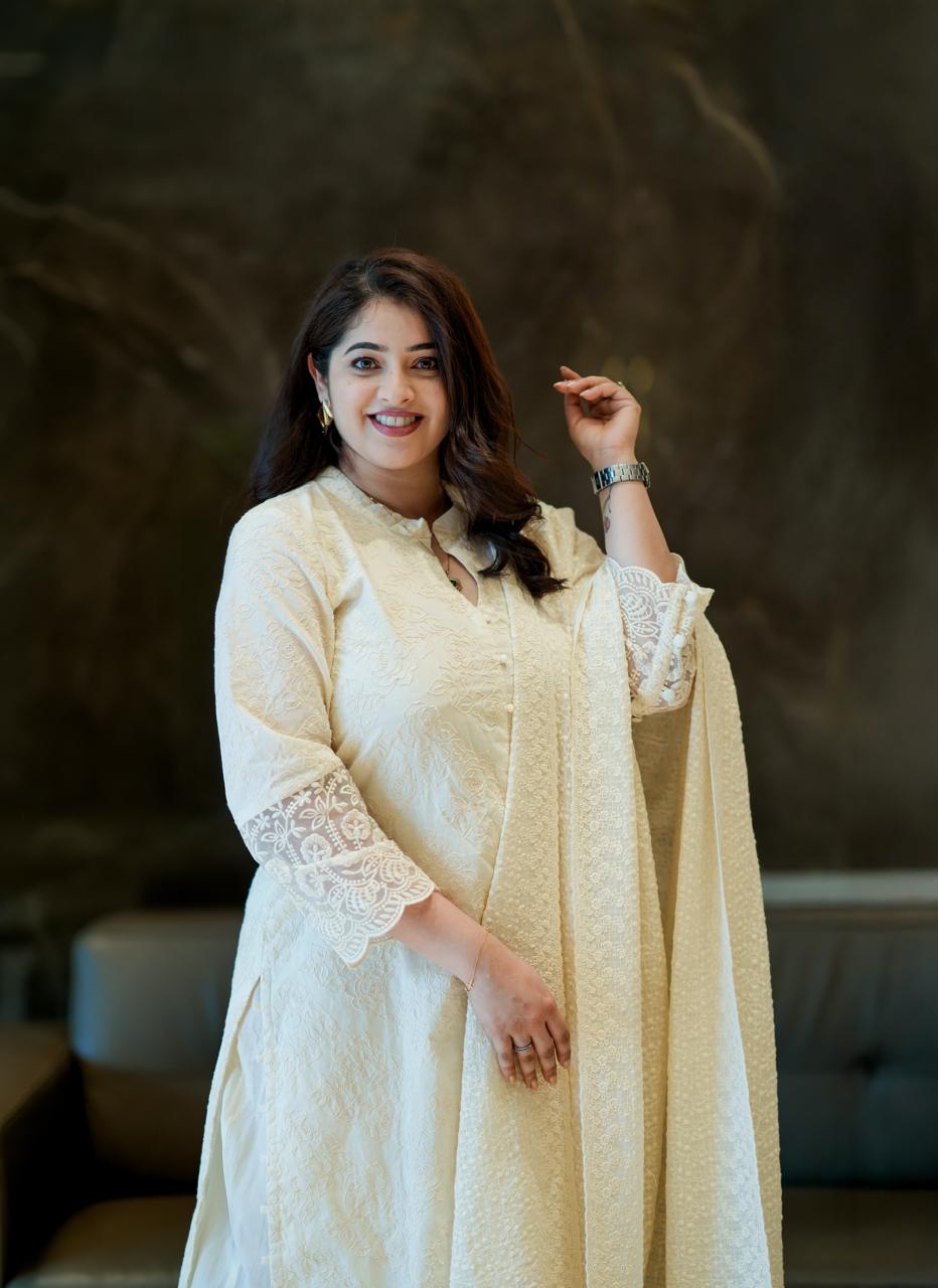 Pearl White Embroidered Cotton Kurta Set