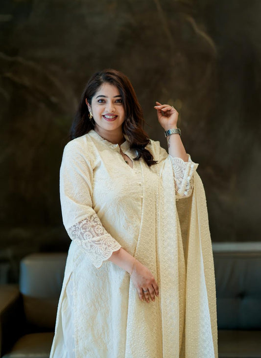 Pearl White Embroidered Cotton Kurta Set