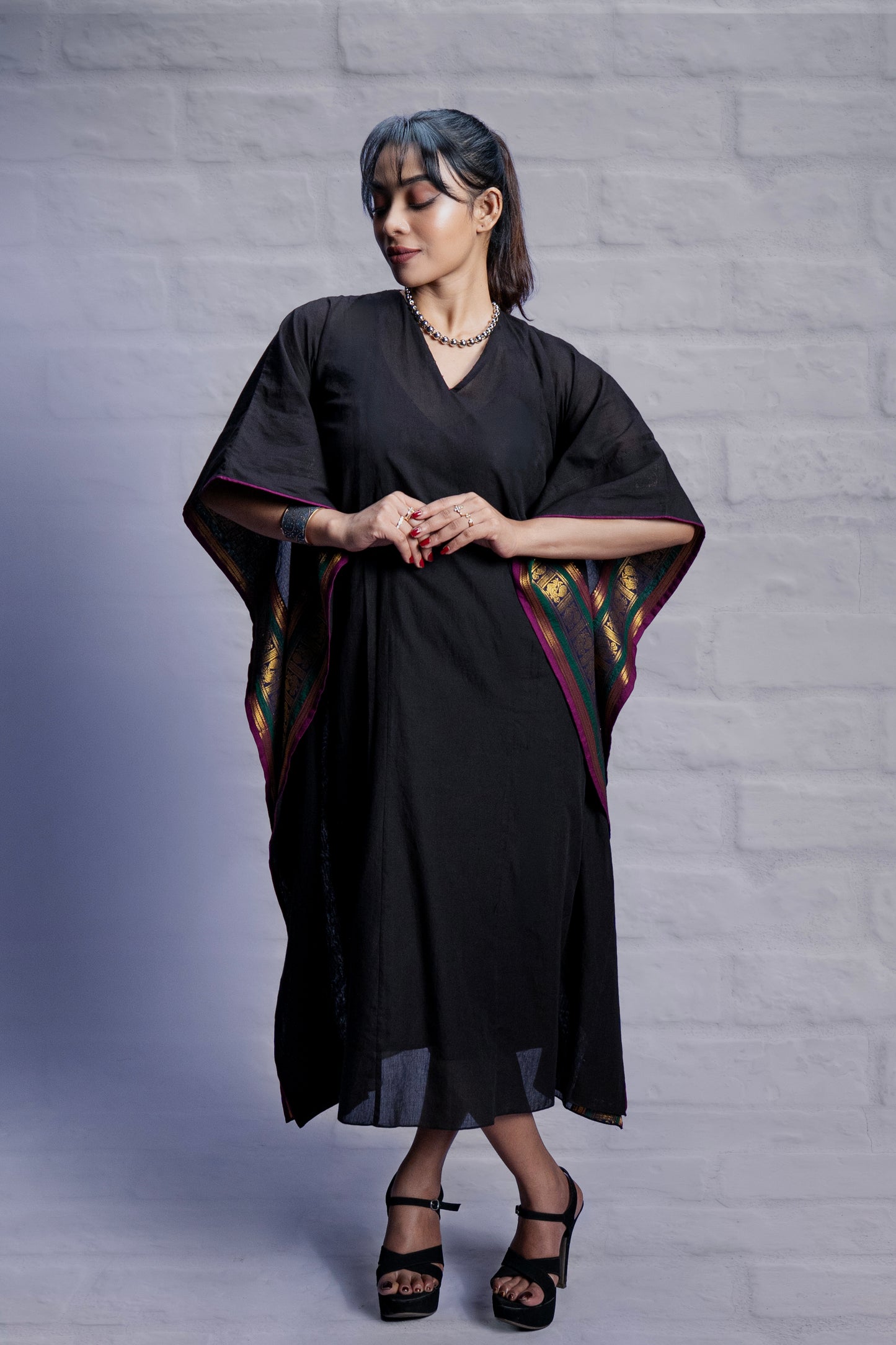 Black Soft Woven Cotton Hand - Embroidered Kaftan