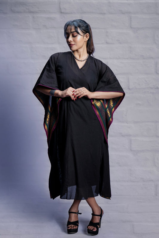 Black Soft Woven Cotton Hand - Embroidered Kaftan