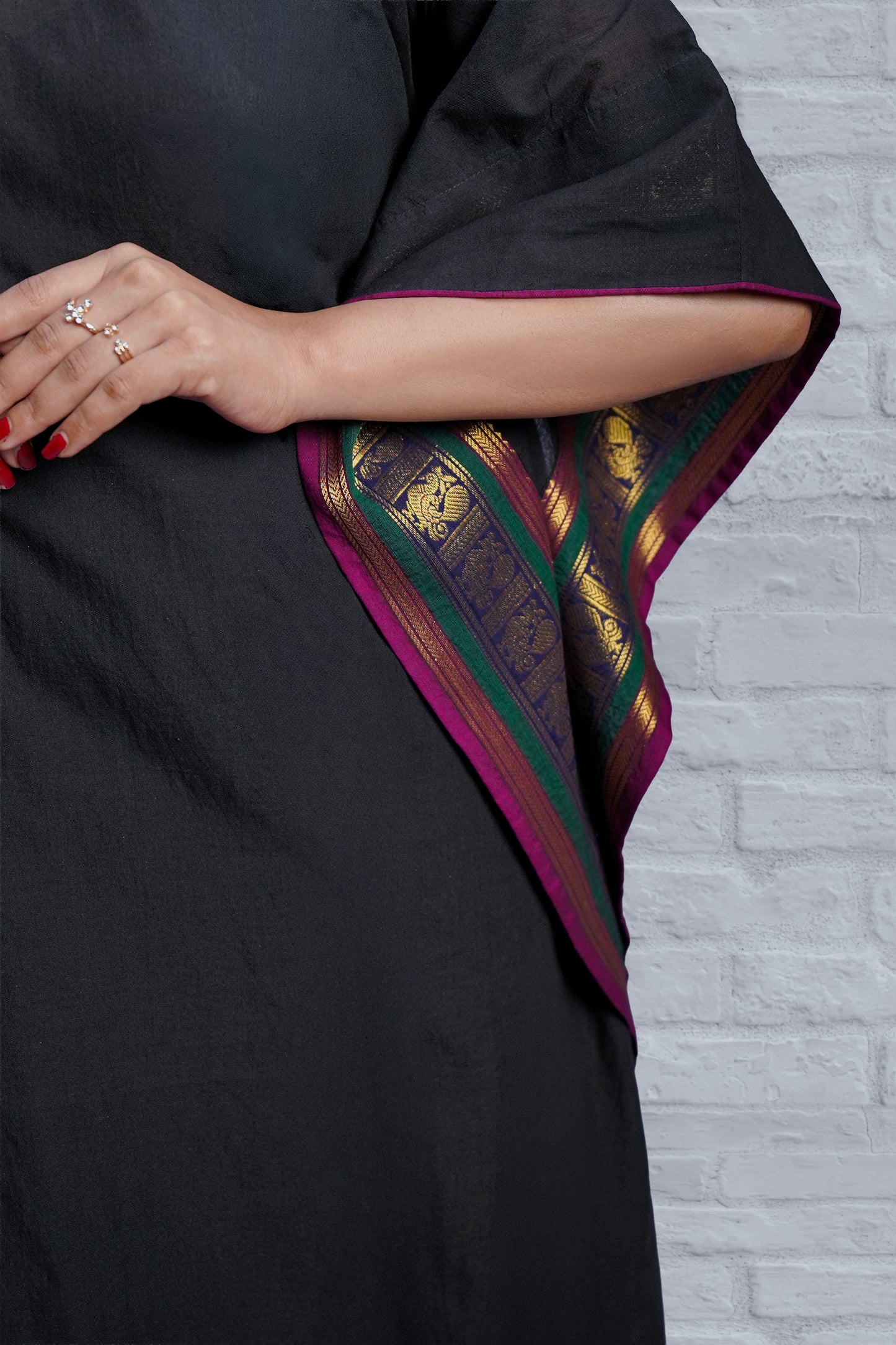 Black Soft Woven Cotton Hand - Embroidered Kaftan