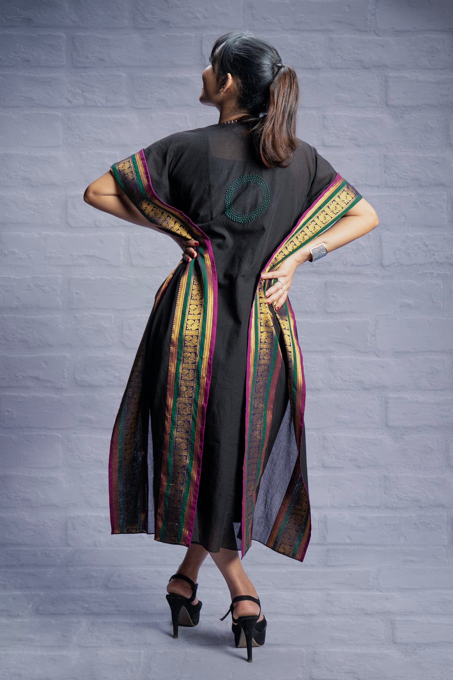 Black Soft Woven Cotton Hand - Embroidered Kaftan