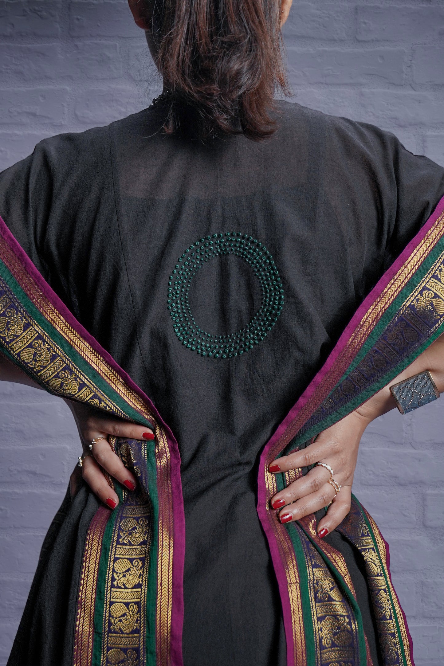 Black Soft Woven Cotton Hand - Embroidered Kaftan