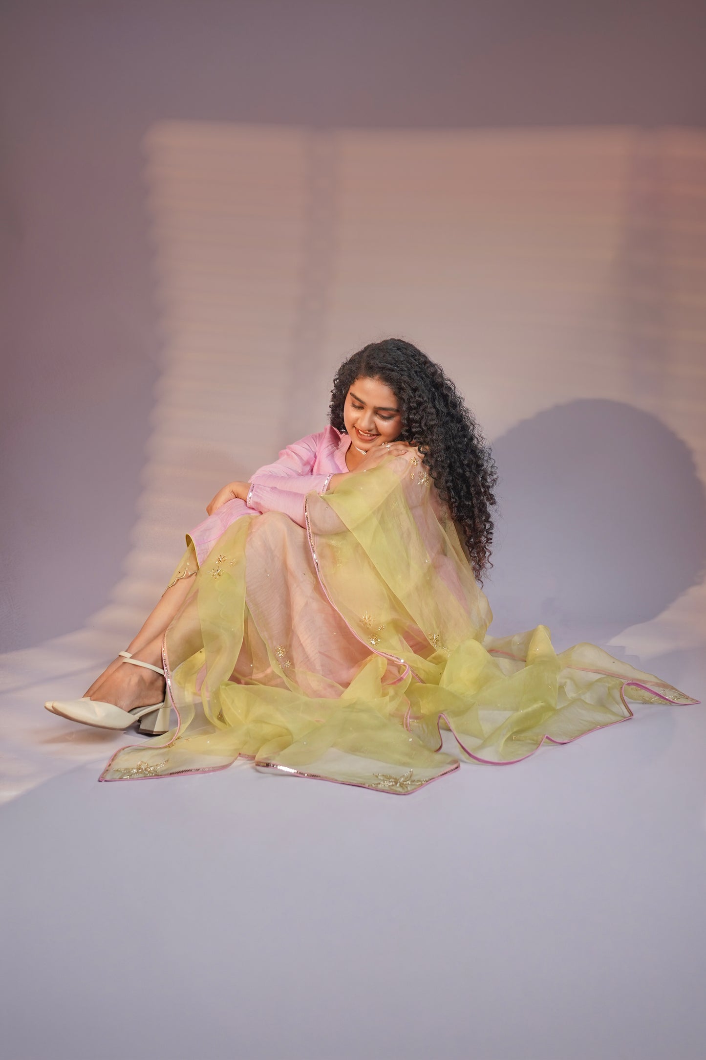 Pink & Lemon Green Hand-Embroidered Kurta Set