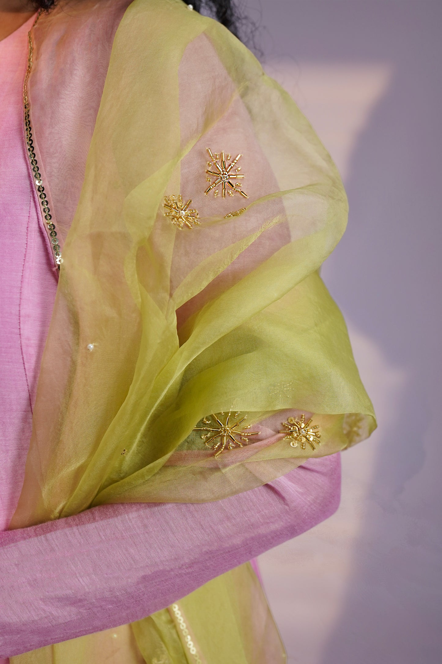 Pink & Lemon Green Hand-Embroidered Kurta Set