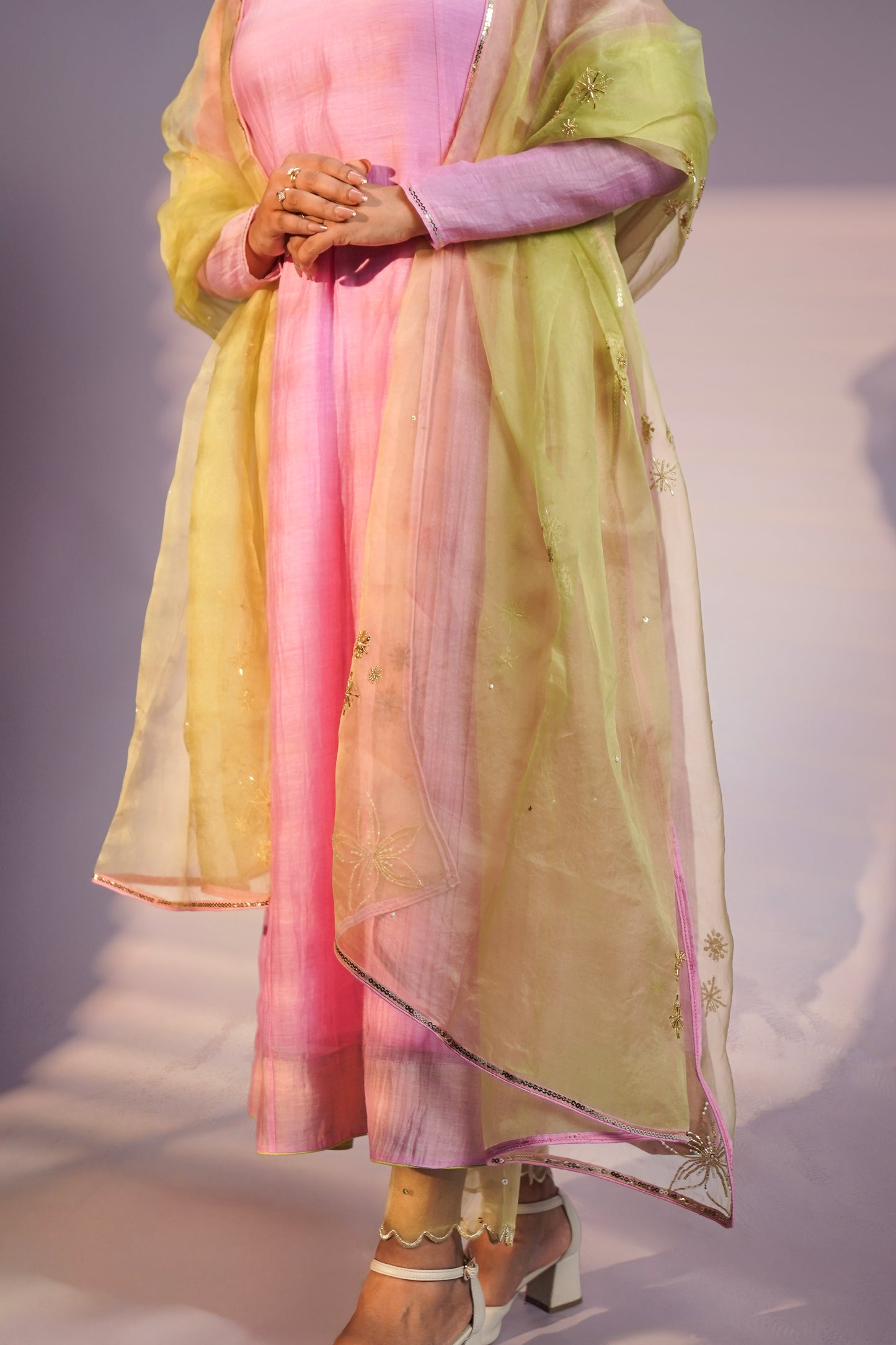 Pink & Lemon Green Hand-Embroidered Kurta Set