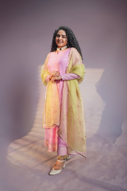 Pink & Lemon Green Hand-Embroidered Kurta Set