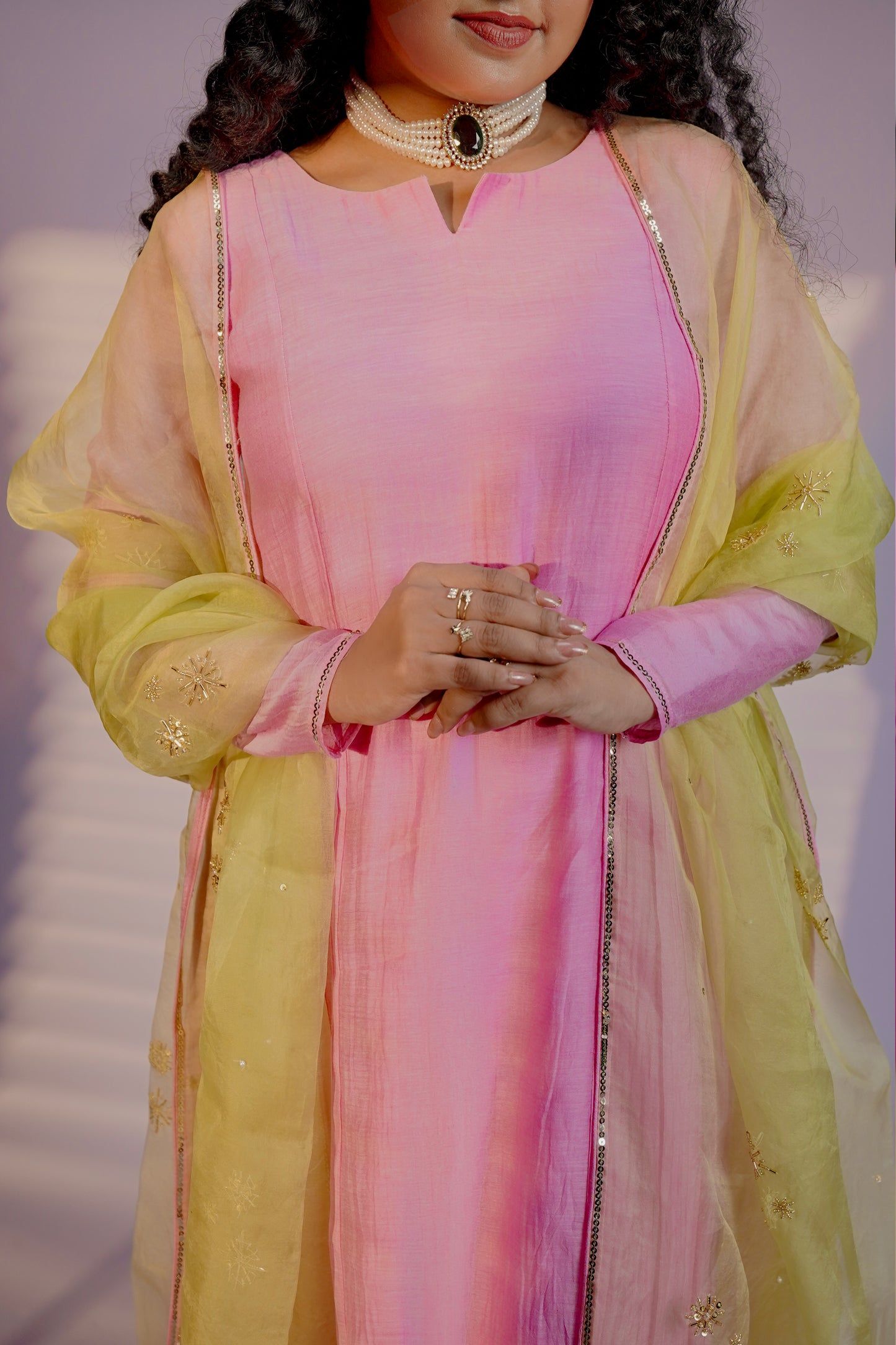 Pink & Lemon Green Hand-Embroidered Kurta Set